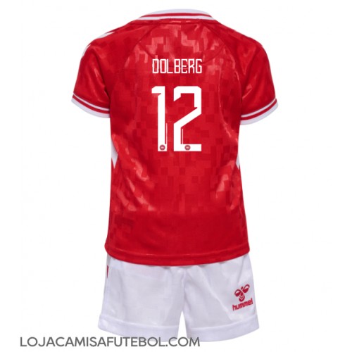 Camisa de Futebol Dinamarca Kasper Dolberg #12 Equipamento Principal Infantil Europeu 2024 Manga Curta (+ Calças curtas)